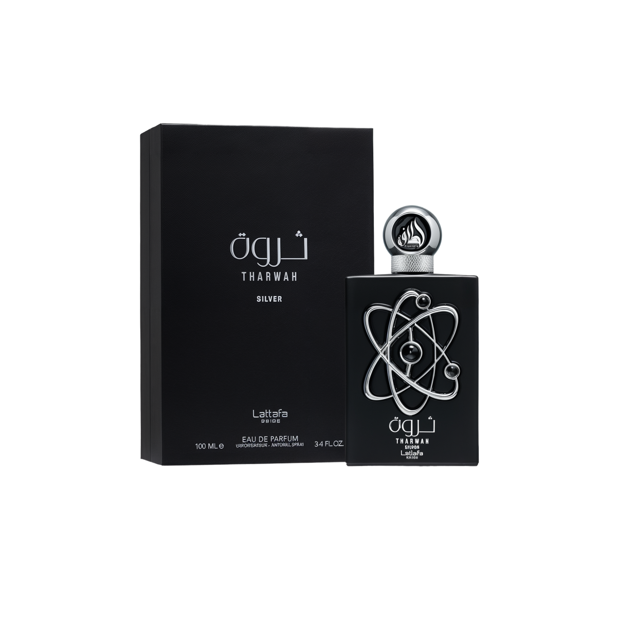 A sleek black rectangular box labeled ‘Tharwah Silver’ by Lattafa, displayed next to a matching black rectangular perfume bottle adorned with interlocking silver rings on the front and topped by a round, decorative silver cap.
