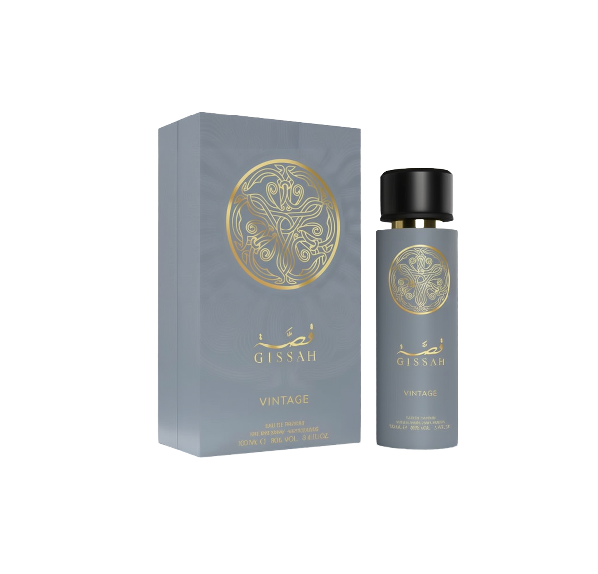 The image of “Gissah Vintage” perfume against a white background: on the left, a tall, matte-gray rectangular gift box featuring a large, circular gold-foil arabesque emblem above Arabic calligraphy and the word “Gissah,” with “Vintage” printed below in gold lettering and product details at the bottom.