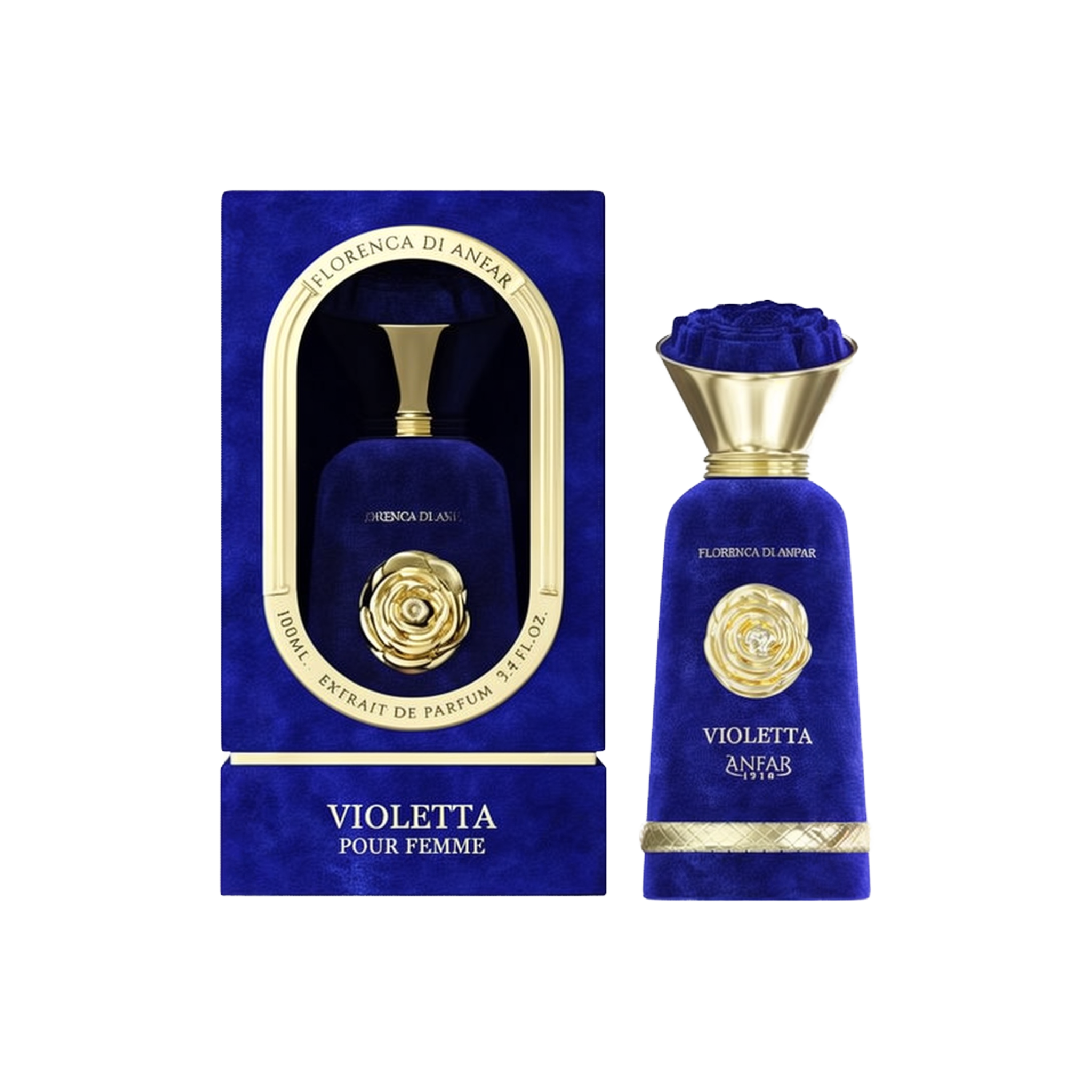 The image displays the "Violetta Pour Femme Extrait De Parfum" from the "Florenca Di Anfar" collection. The perfume bottle has a luxurious, deep blue velvet finish and is adorned with a golden rose emblem on the front. It features a gold, flared cap with