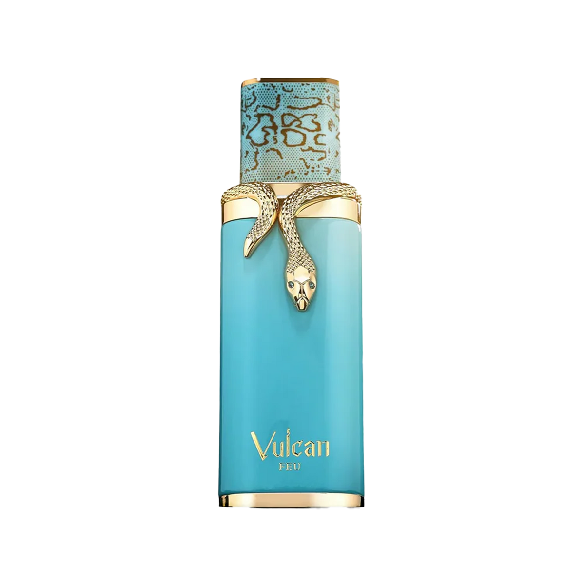 Turquoise perfume bottle with a gold snake wrap and patterned cap, featuring gold Vulcan Feu branding.