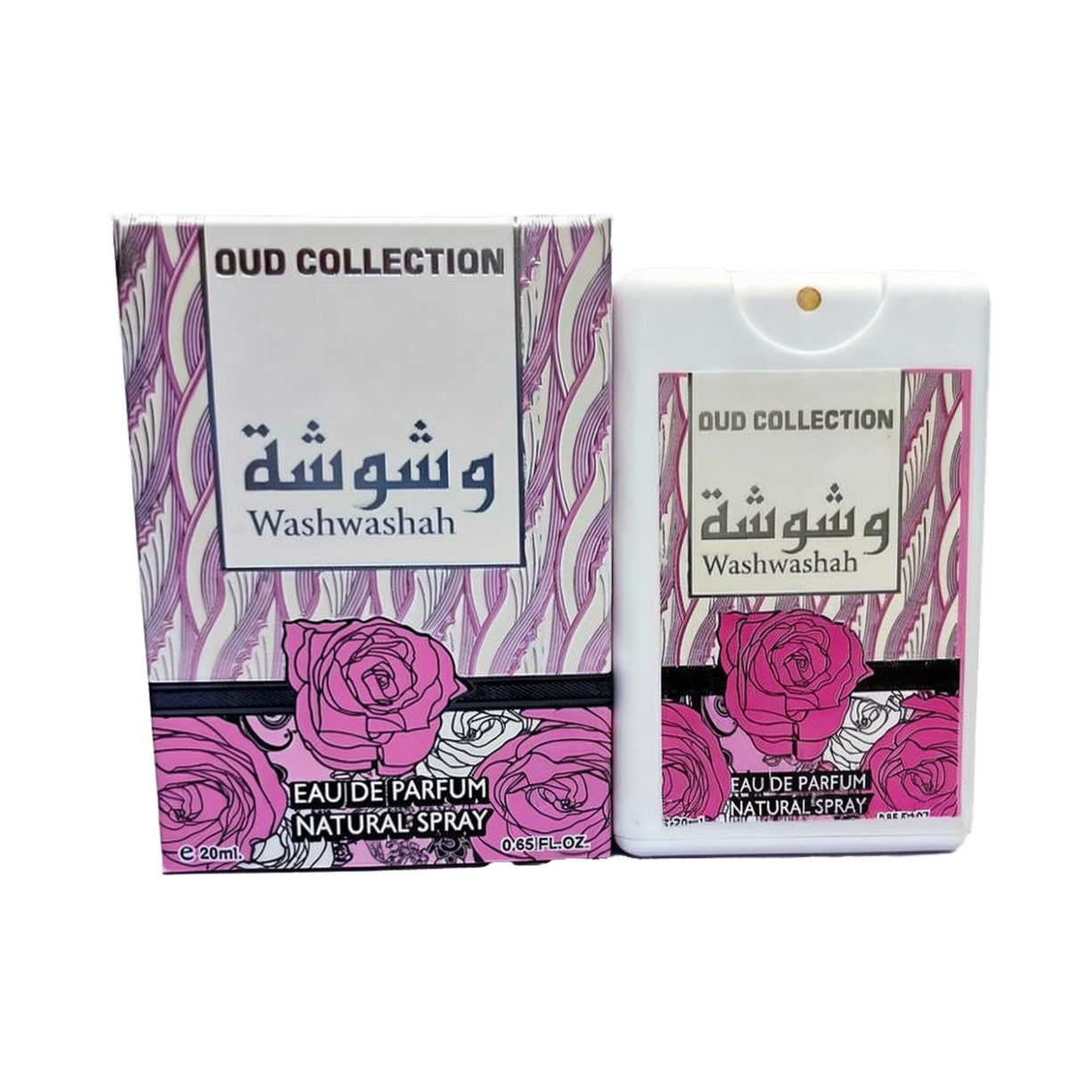 The image shows a perfume product named "Washwashah" from the Oud Collection by Ard Al Zaafaran. The packaging box features a pink and white wavy pattern with illustrations of roses at the bottom. The product name "Washwashah" is displayed in both Arabic