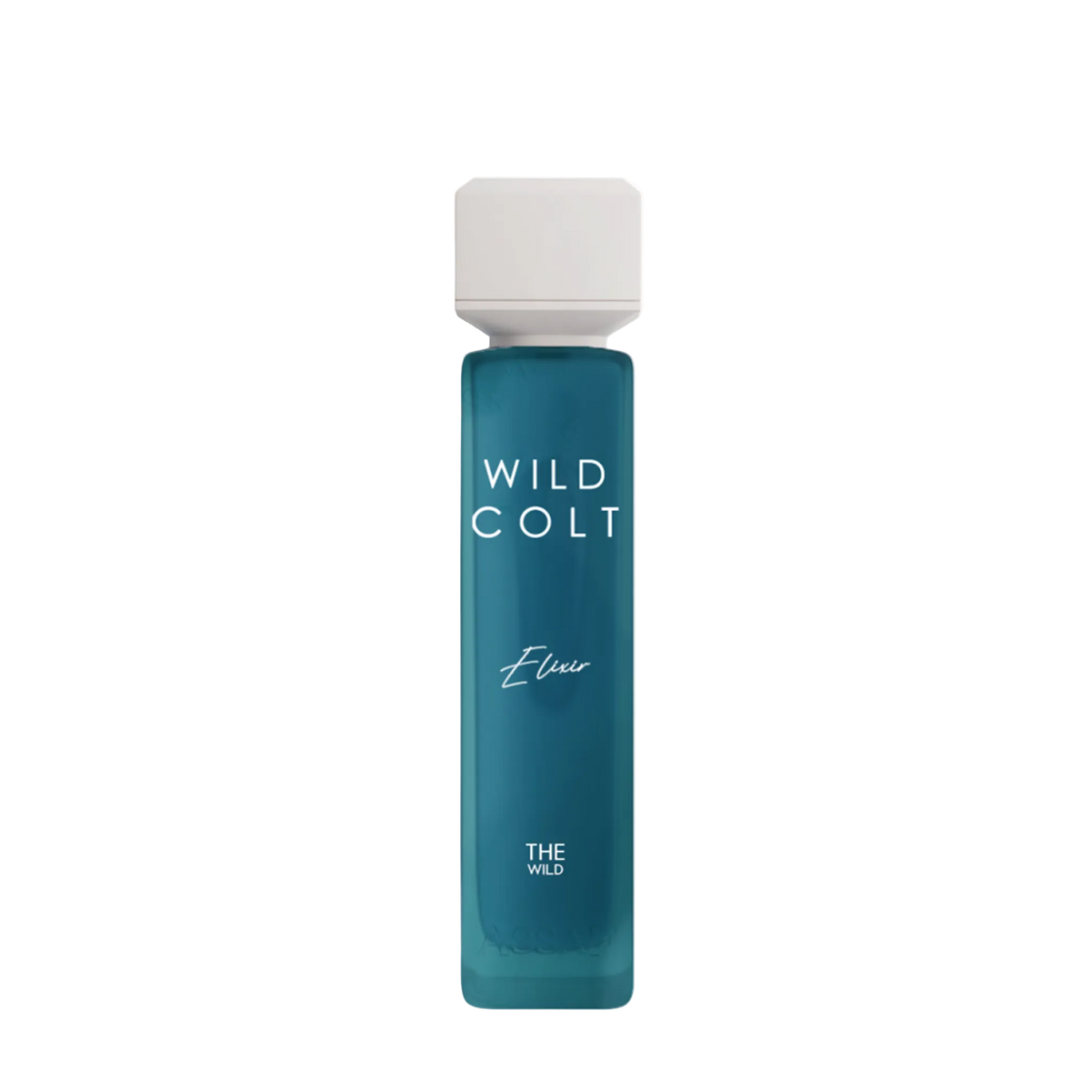 Wild Colt Elixir perfume bottle with teal glass body and white cap.