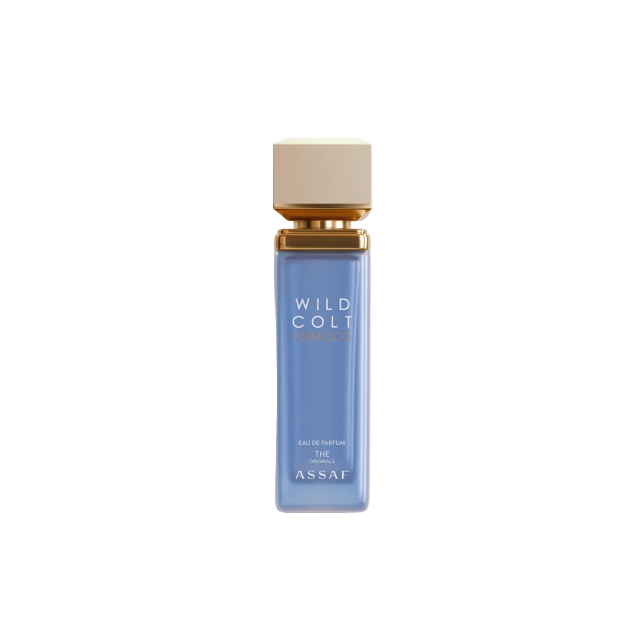 Assaf Wild Colt Tobacco Eau De Parfum bottle in soft blue glass with a beige square cap and gold collar.