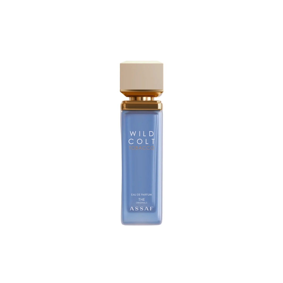 Assaf Wild Colt Tobacco Eau De Parfum bottle in soft blue glass with a beige square cap and gold collar.