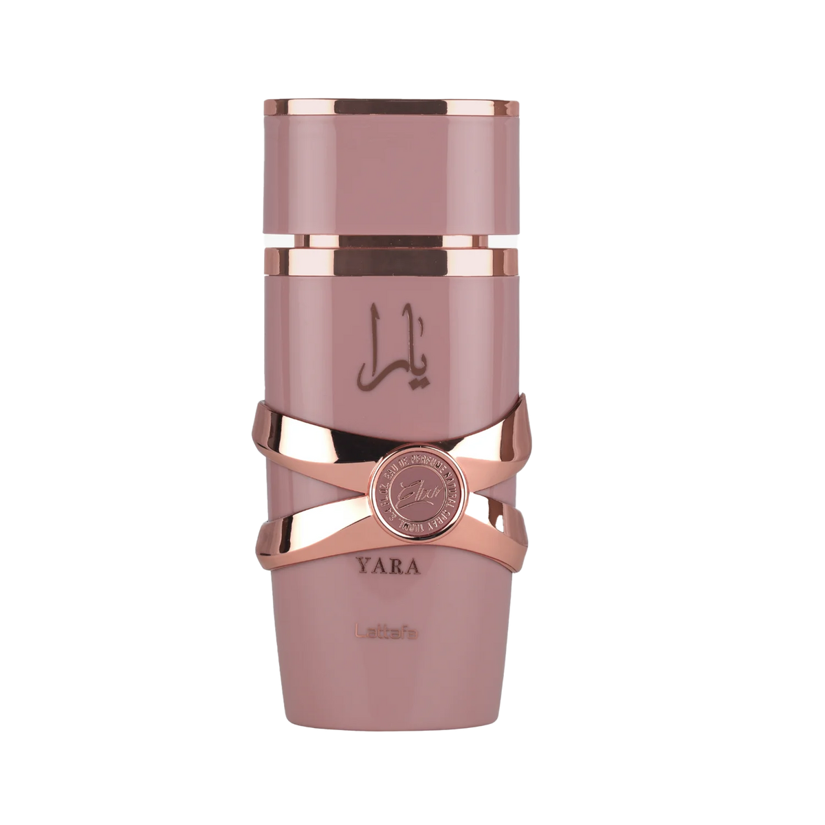 Lattafa Yara Elixir perfume bottle in dusty pink with rose gold accents and Arabic script, featuring a round emblem detail.