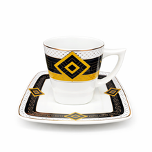 Luxury Black, White & Gold Coffee Cup and Saucer Set – Geometric Design