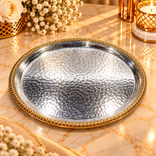 Luxury Round Silver Tray with Gold Accent Rim
