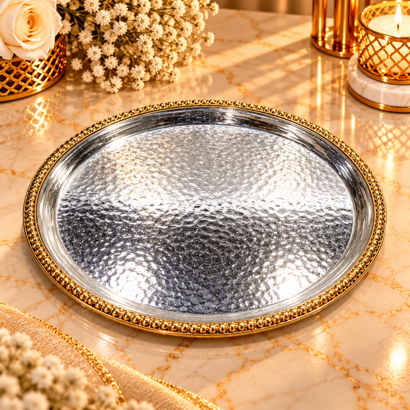 Luxury Round Silver Tray with Gold Accent Rim