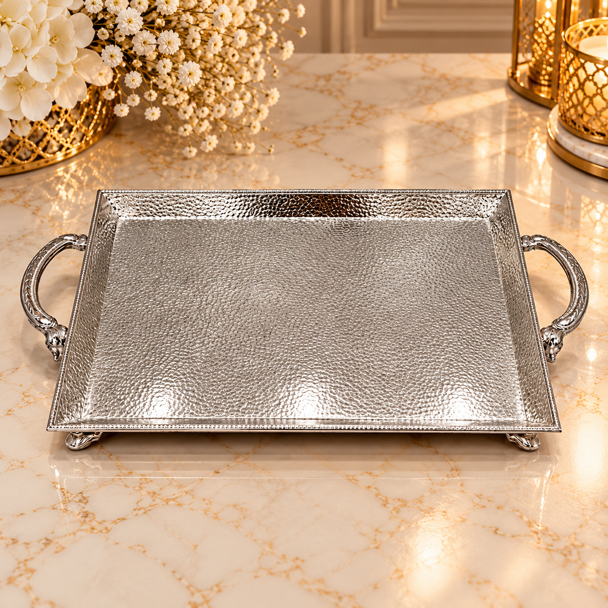 Luxury Hammered Silver Serving Tray with Handles