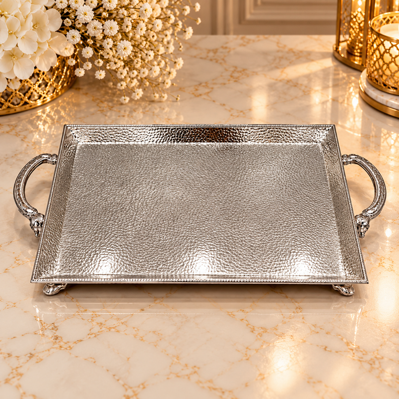 Luxury Hammered Silver Serving Tray with Handles
