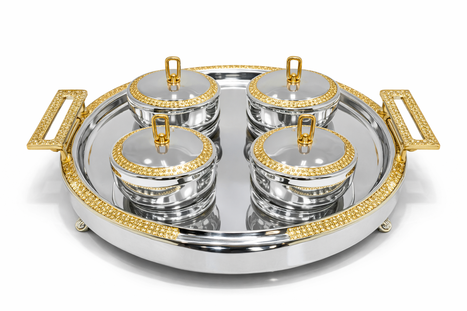 Luxury 4-Piece Crystal Treat Jar Set with Round Mirrored Gold Tray