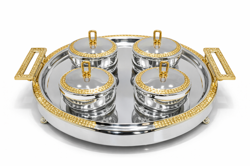 Luxury 4-Piece Crystal Treat Jar Set with Round Mirrored Gold Tray