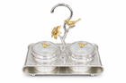 Elegant Crystal Double Candy Jar Set with Gold Bird Stand & Silver Tray