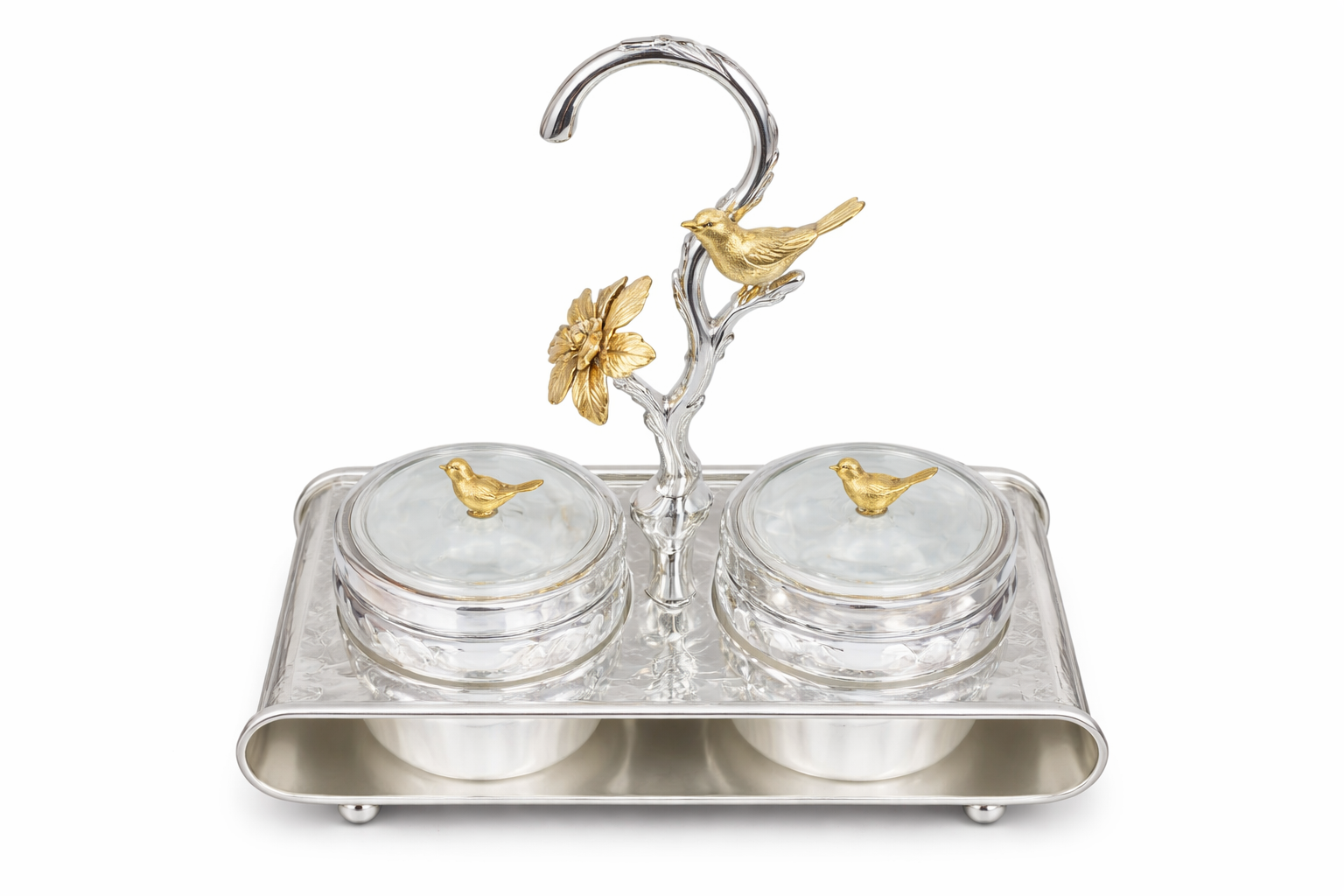 Elegant Crystal Double Candy Jar Set with Gold Bird Stand & Silver Tray