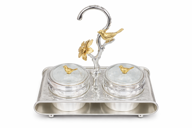 Elegant Crystal Double Candy Jar Set with Gold Bird Stand & Silver Tray