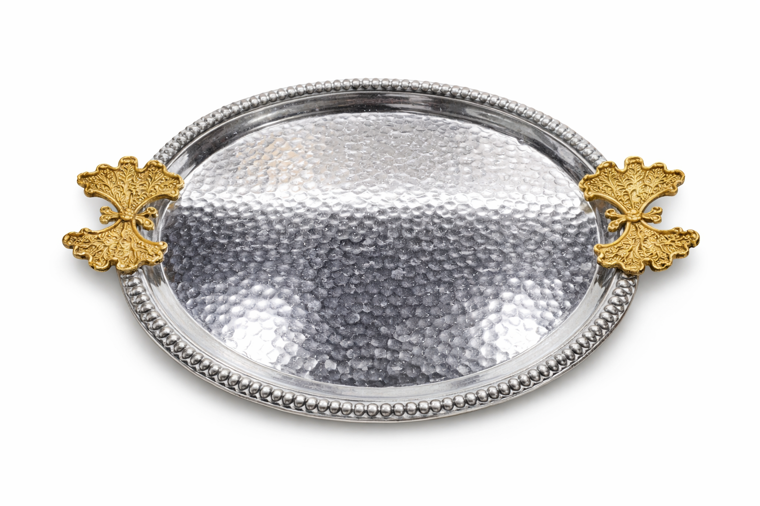 Luxury Round Hammered Silver Tray with Decorative Handles