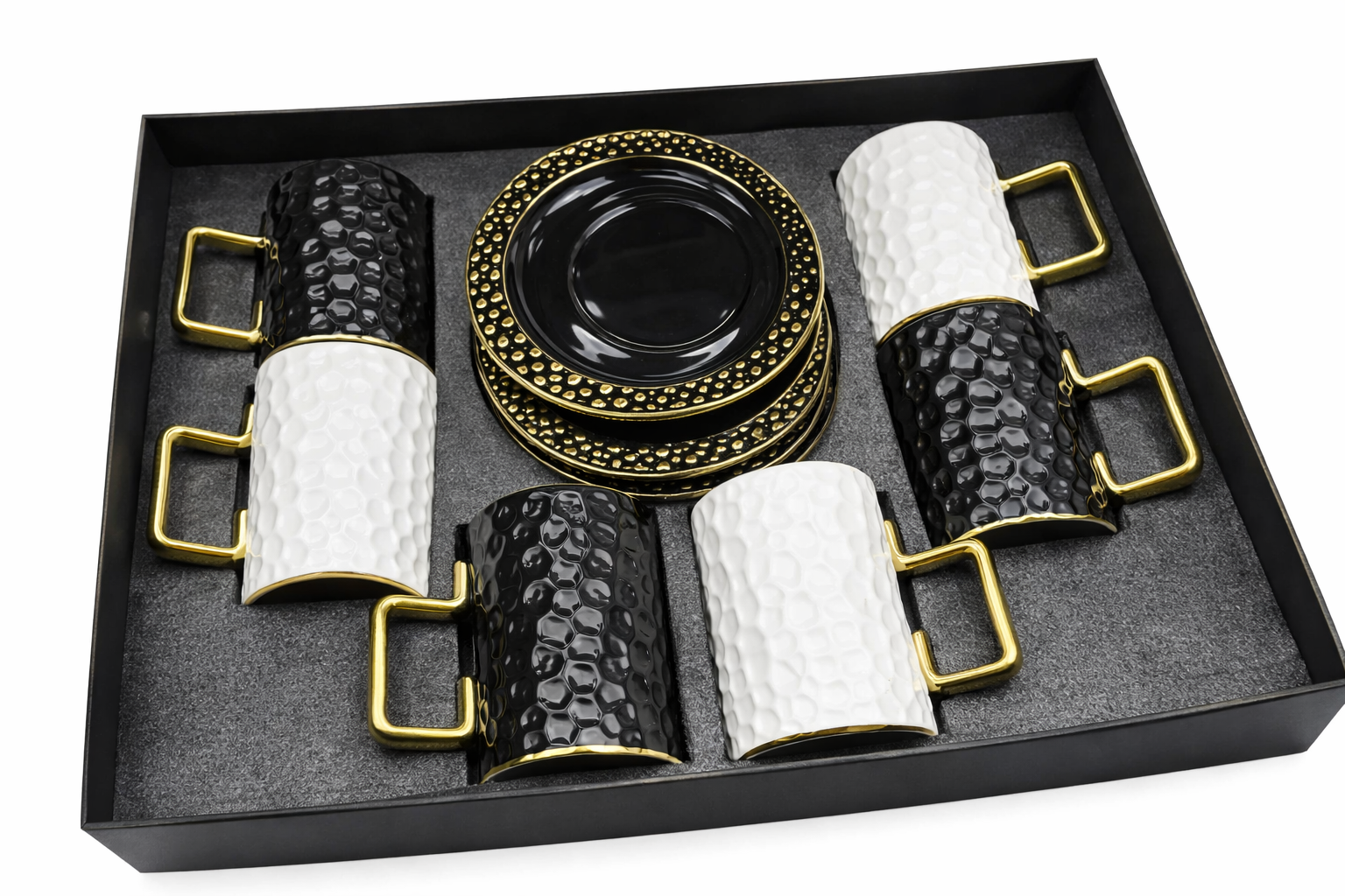 Luxury Black & White Coffee Cup & Saucer Set – 12 Piece Gift Box