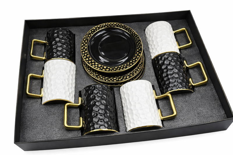 Luxury Black & White Coffee Cup & Saucer Set – 12 Piece Gift Box