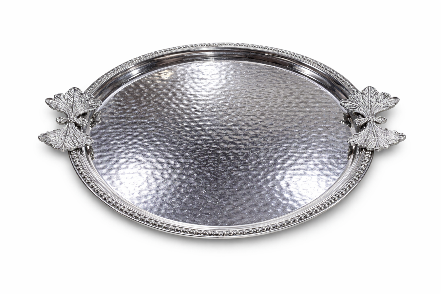 Luxury Round Hammered Silver Tray with Decorative Handles