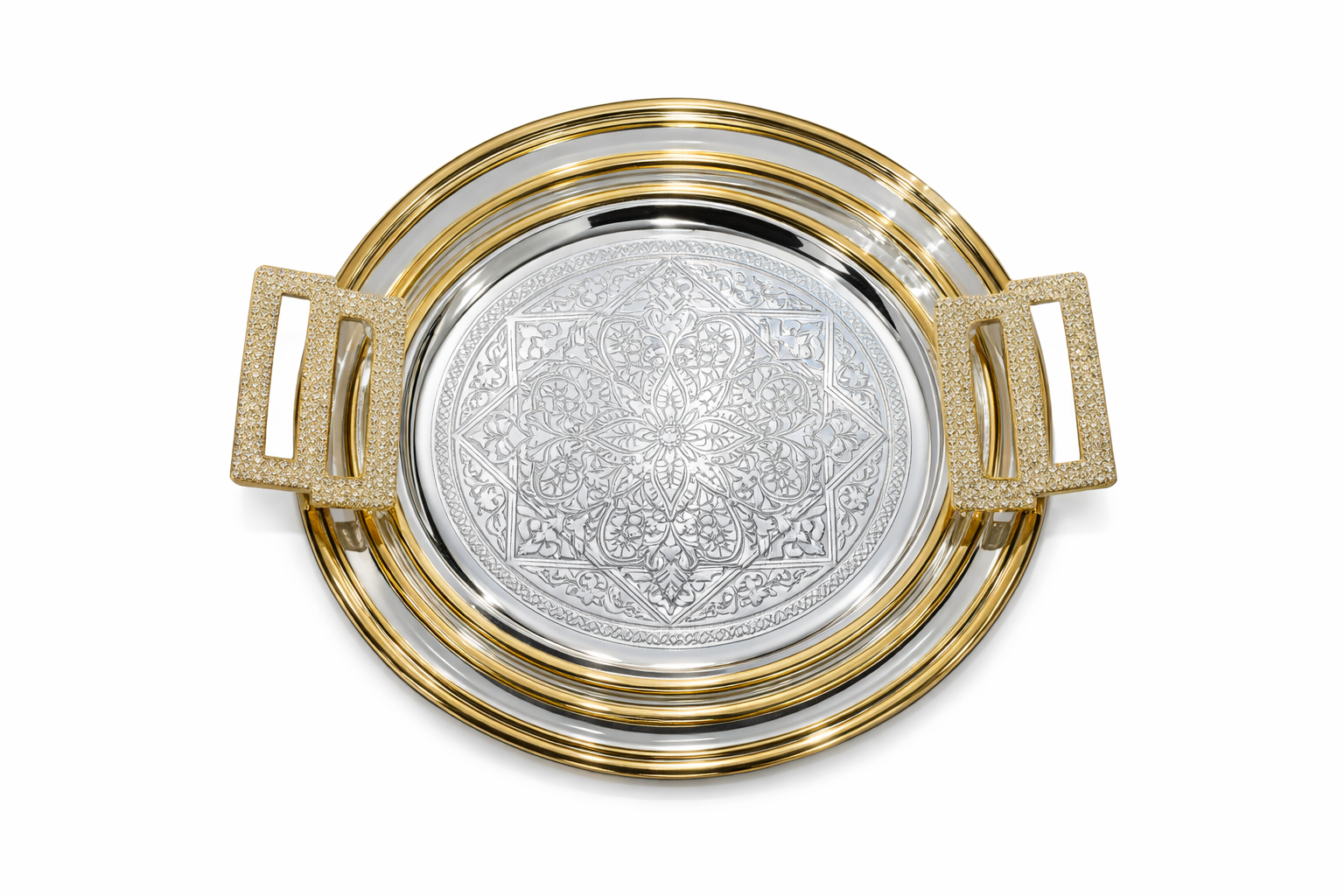 Luxury Round Gold & Silver Serving Tray with Handles