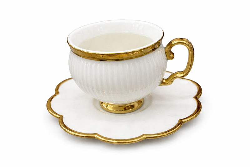 Elegant White & Gold Teacup Set (Scalloped Edge)