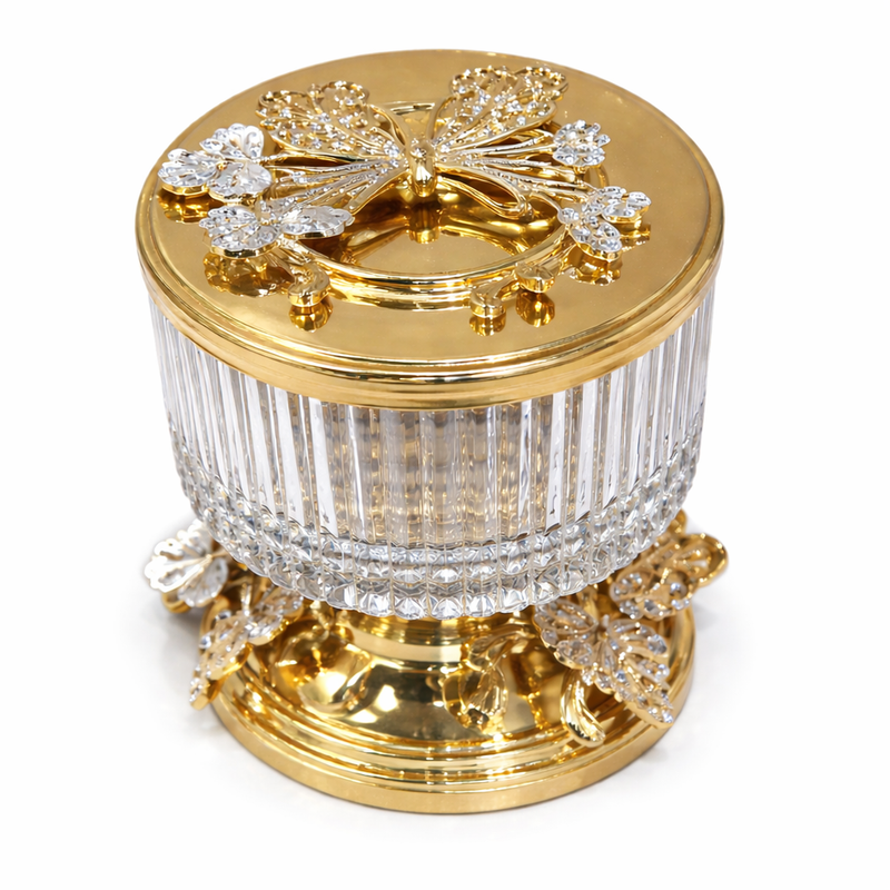 Luxury Crystal Treat Bowl with Lid – Gold Floral Design