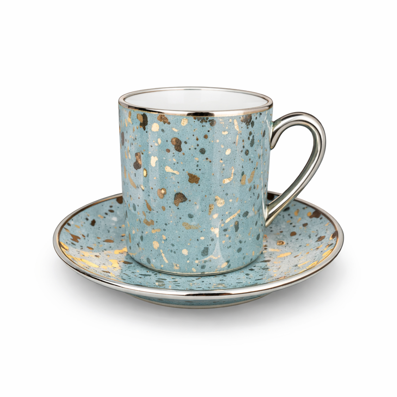 Luxury Grey & Gold Coffee Cup and Saucer Set – Modern Abstract Design