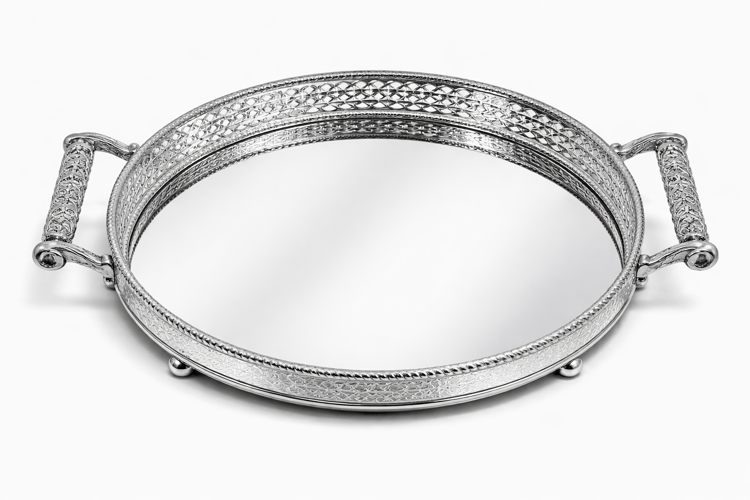 Luxury Round Mirrored Serving Tray with Handles – Silver Finish