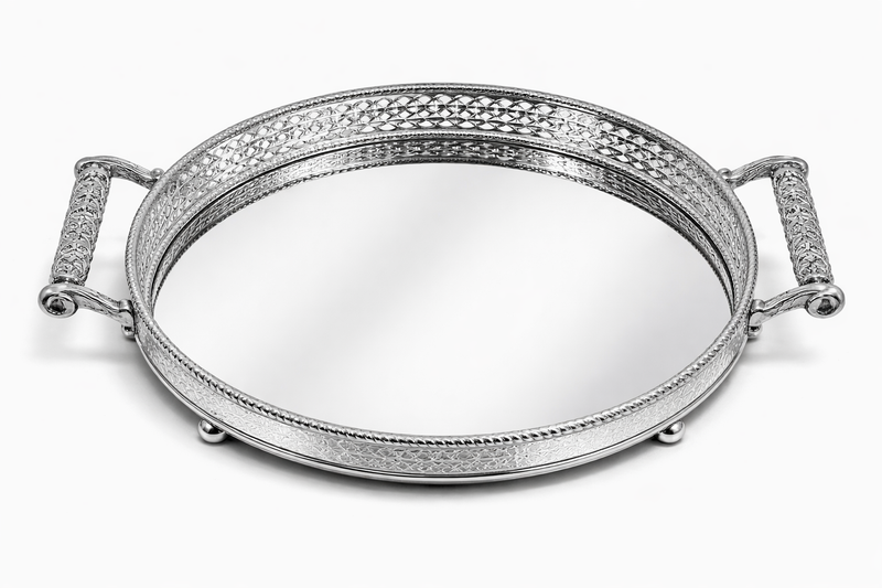 Luxury Round Mirrored Serving Tray with Handles – Silver Finish