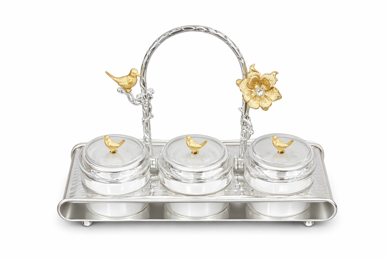Luxury Crystal 3-Piece Candy Jar Set with Gold Bird Stand & Silver Tray
