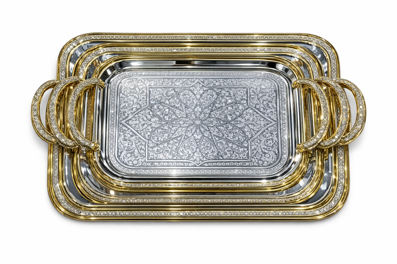 Luxury Gold & Silver Rectangular Serving Tray with Textured Center