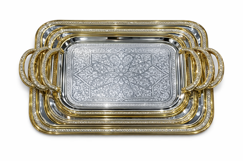 Luxury Gold & Silver Rectangular Serving Tray with Textured Center