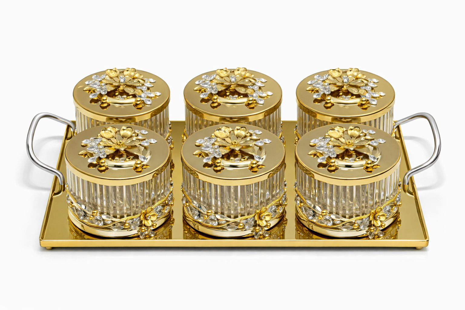 Luxury 6-Piece Crystal Treat Jar Set with Tray – Gold Lid Design
