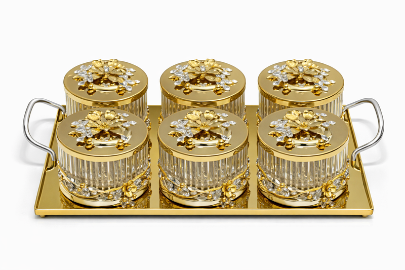 Luxury 6-Piece Crystal Treat Jar Set with Tray – Gold Lid Design
