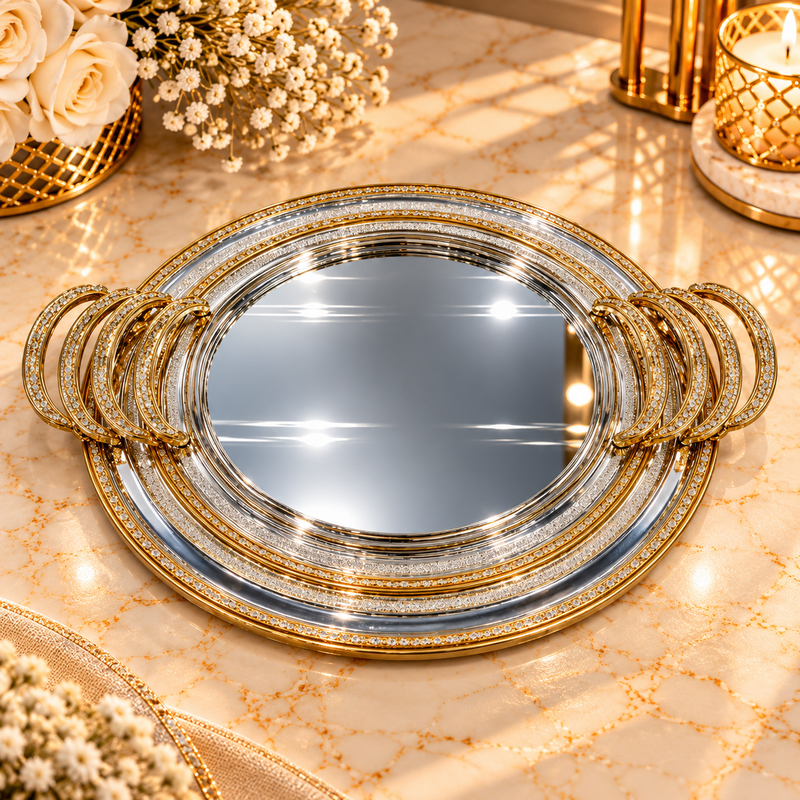 Luxury Round Gold & Silver Serving Tray with Side Handles