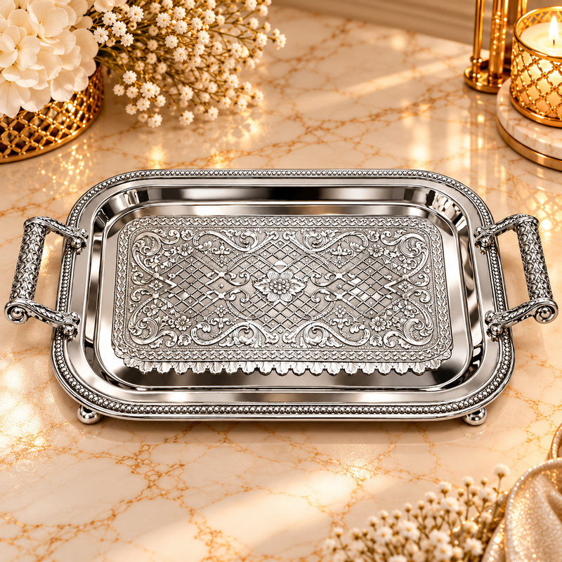 Luxury Rectangular Mirrored Serving Tray with Crystal Handles – Silver Finish