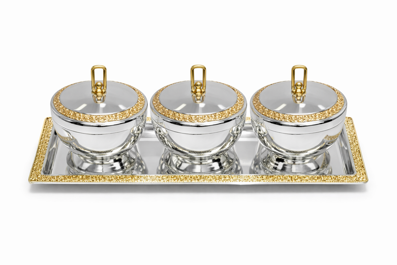 Luxury 3-Piece Crystal Treat Jar Set with Tray – Gold Trim