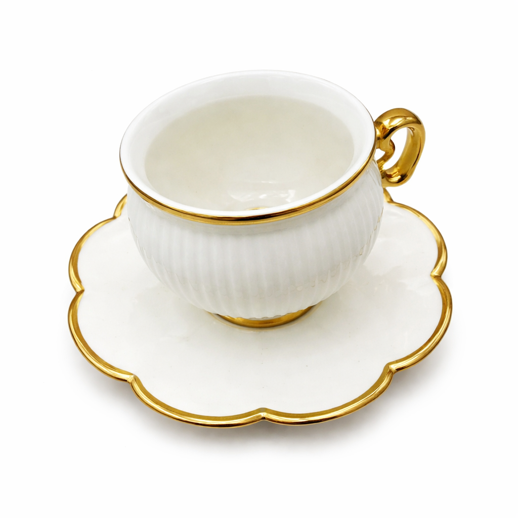Elegant White & Gold Teacup Set (Scalloped Edge)