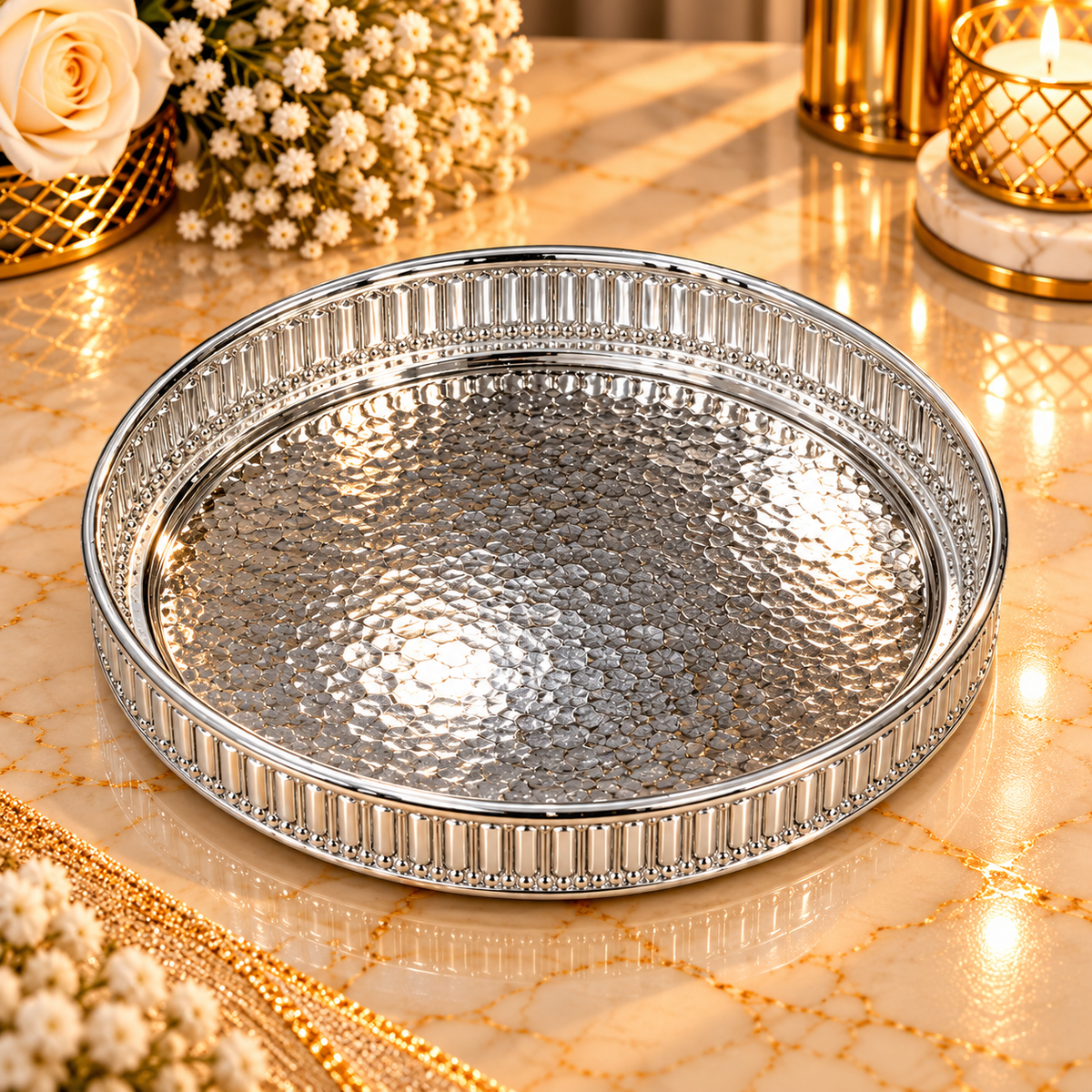 Elegant Silver Round Decorative Tray (18325-50)