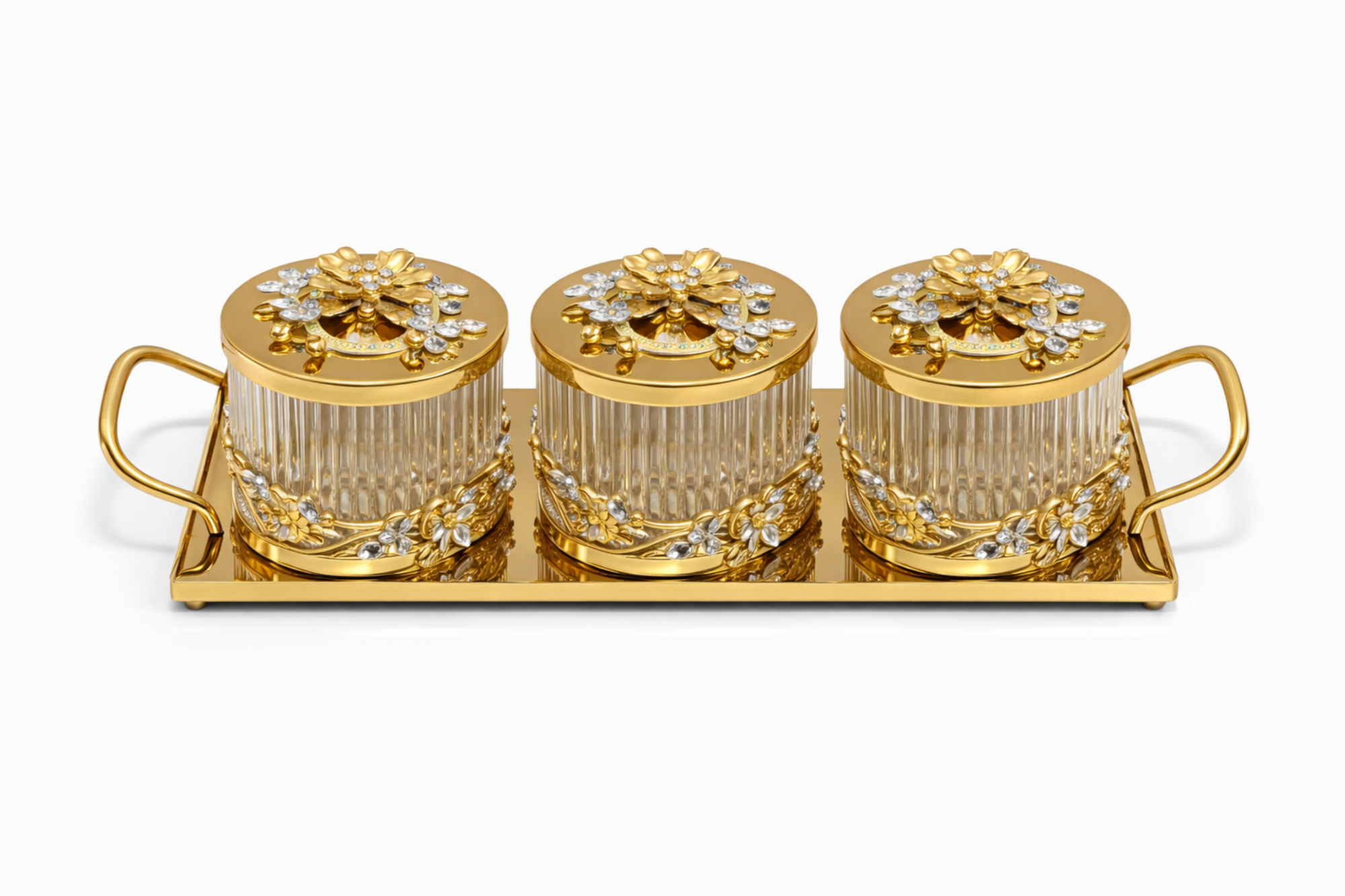 Luxury 3-Piece Crystal Treat Jar Set with Gold Tray