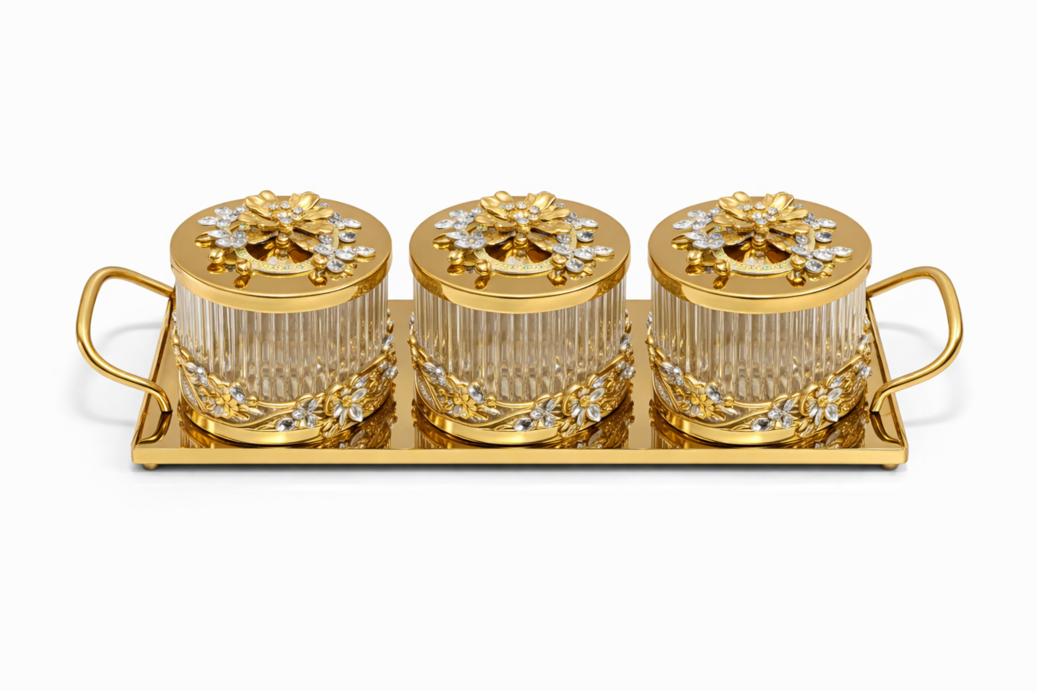 Luxury 3-Piece Crystal Treat Jar Set with Gold Tray