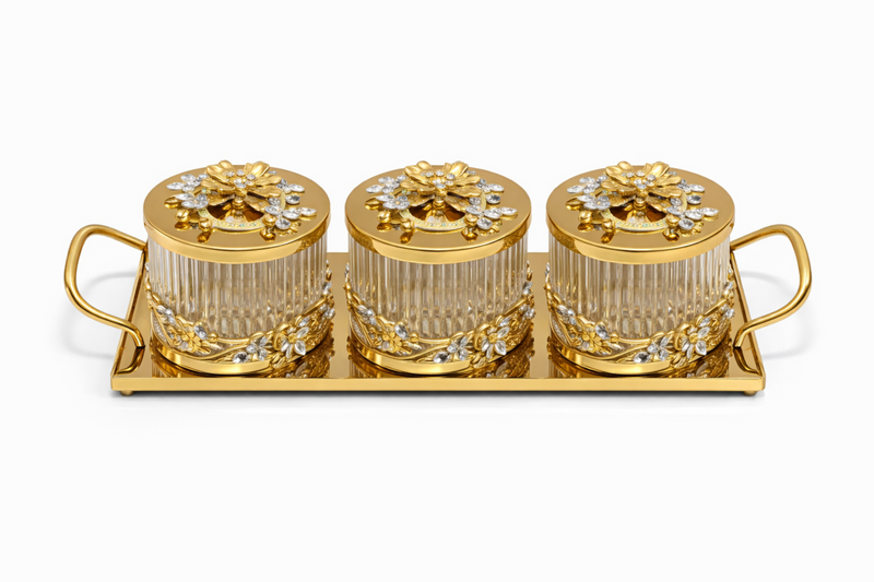Luxury 3-Piece Crystal Treat Jar Set with Gold Tray