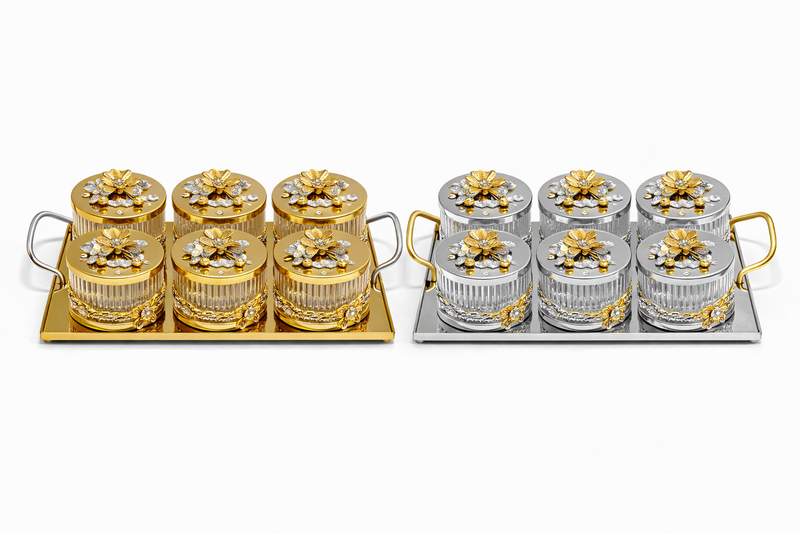 Luxury 6-Piece Crystal Treat Jar Set with Tray – Gold Lid Design