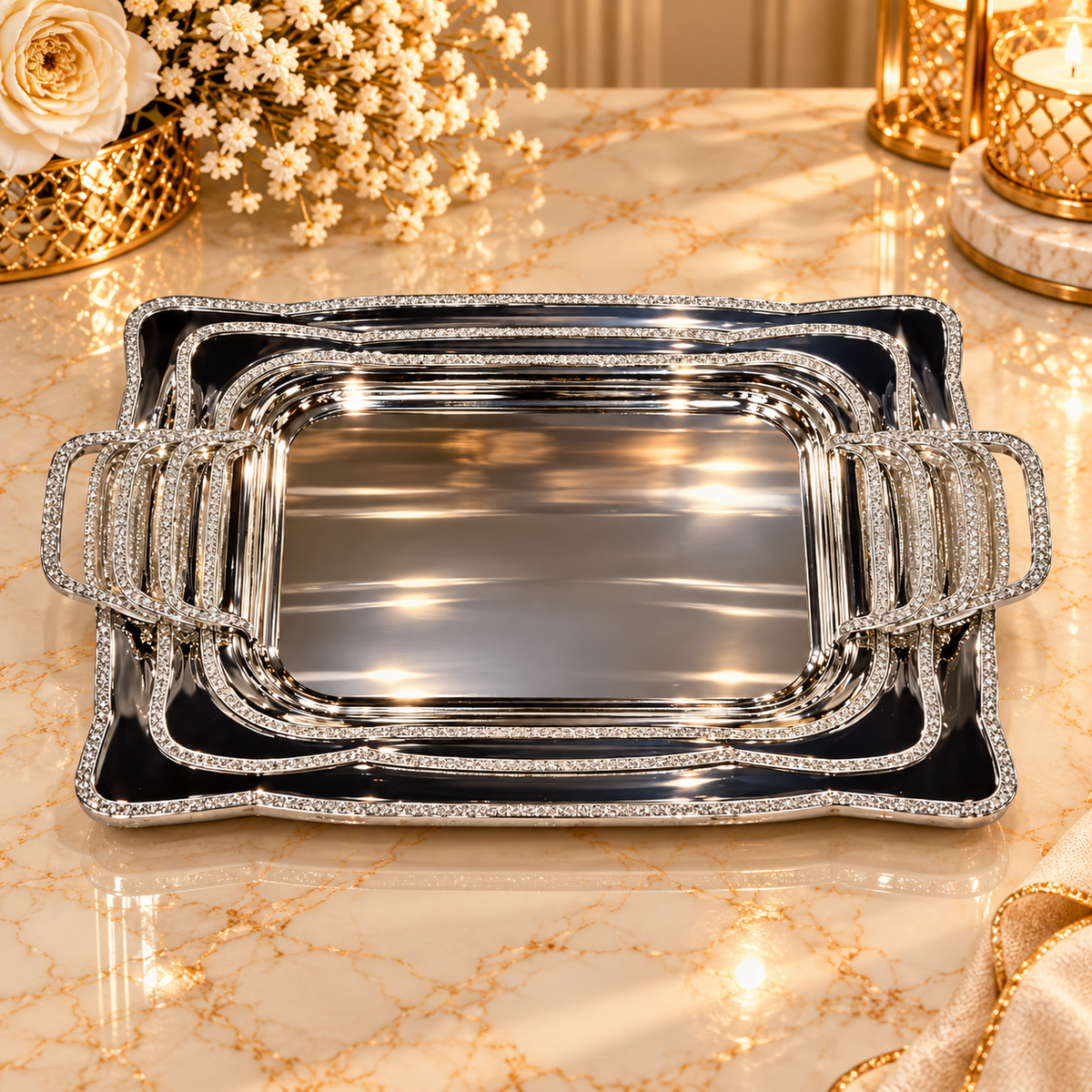 Elegant Silver Rectangular Serving Tray Set with Handles
