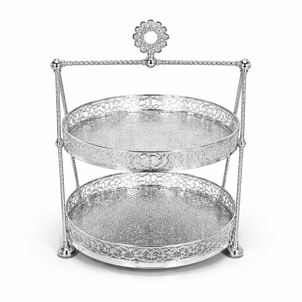 Luxury 2-Tier Crystal Serving Stand – Silver Finish