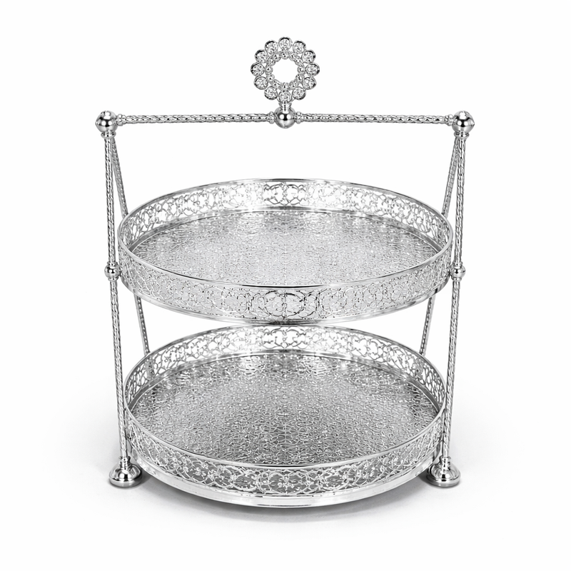 Luxury 2-Tier Crystal Serving Stand – Silver Finish