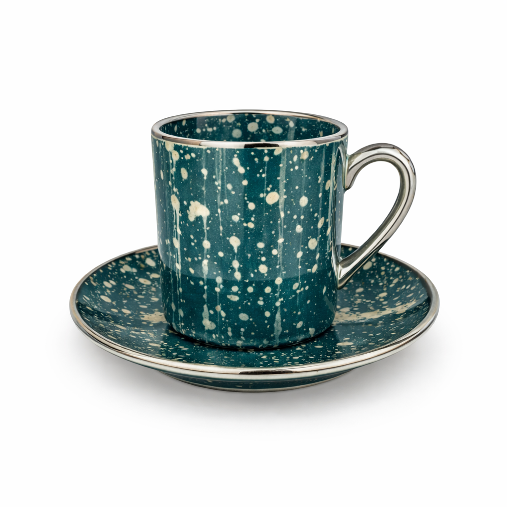Luxury Emerald Green & Gold Coffee Cup and Saucer Set – Modern Abstract Design