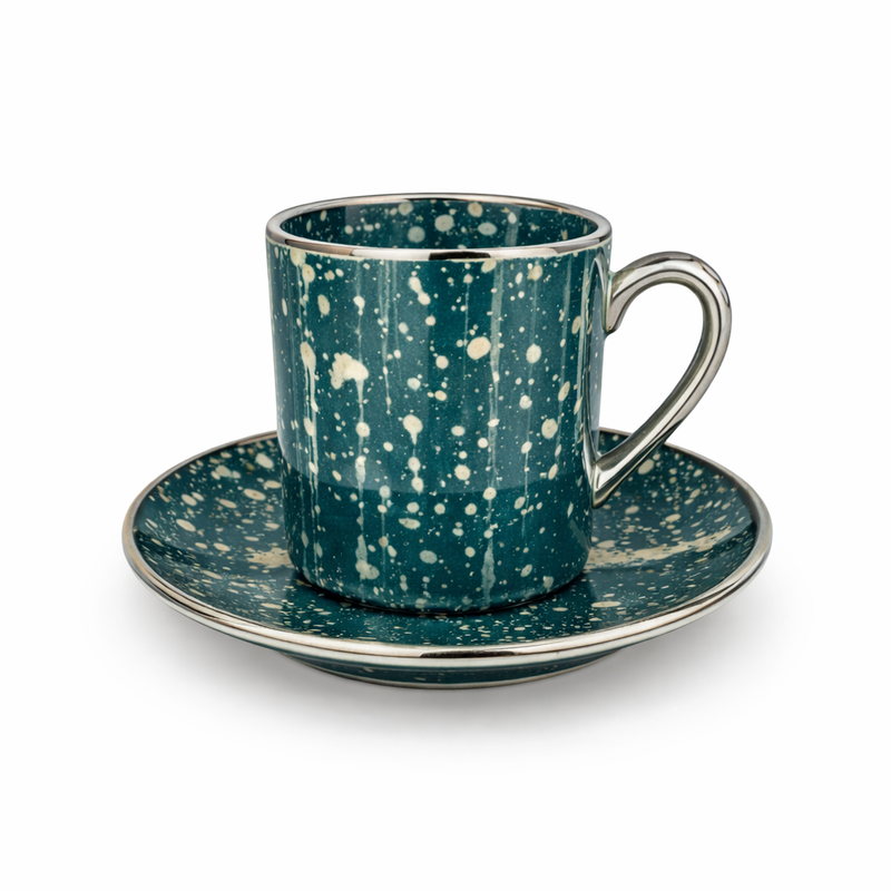 Luxury Emerald Green & Gold Coffee Cup and Saucer Set – Modern Abstract Design