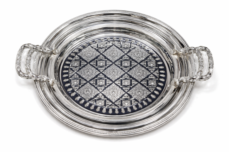 Ornate Round Serving Tray with Side Handles