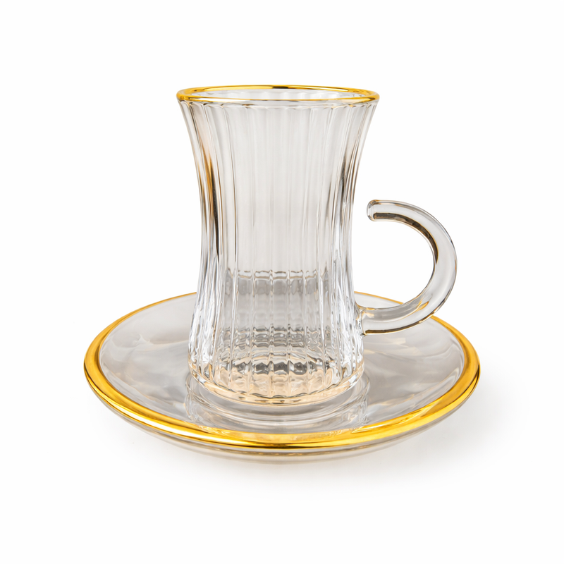 Luxury Ribbed Glass Tea Cup and Saucer Set – Gold Trim